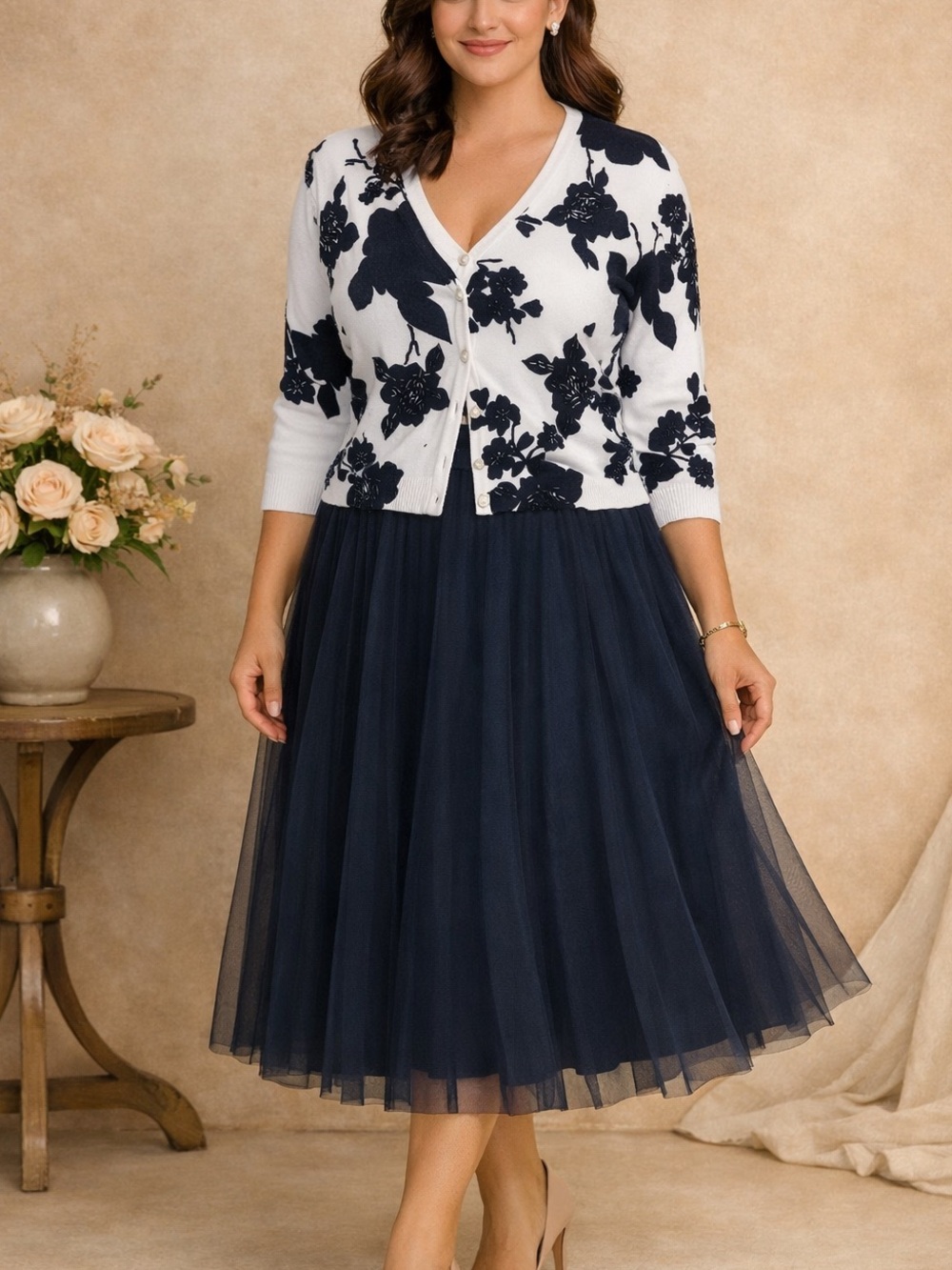 Navy & White Floral Beaded Cardigan